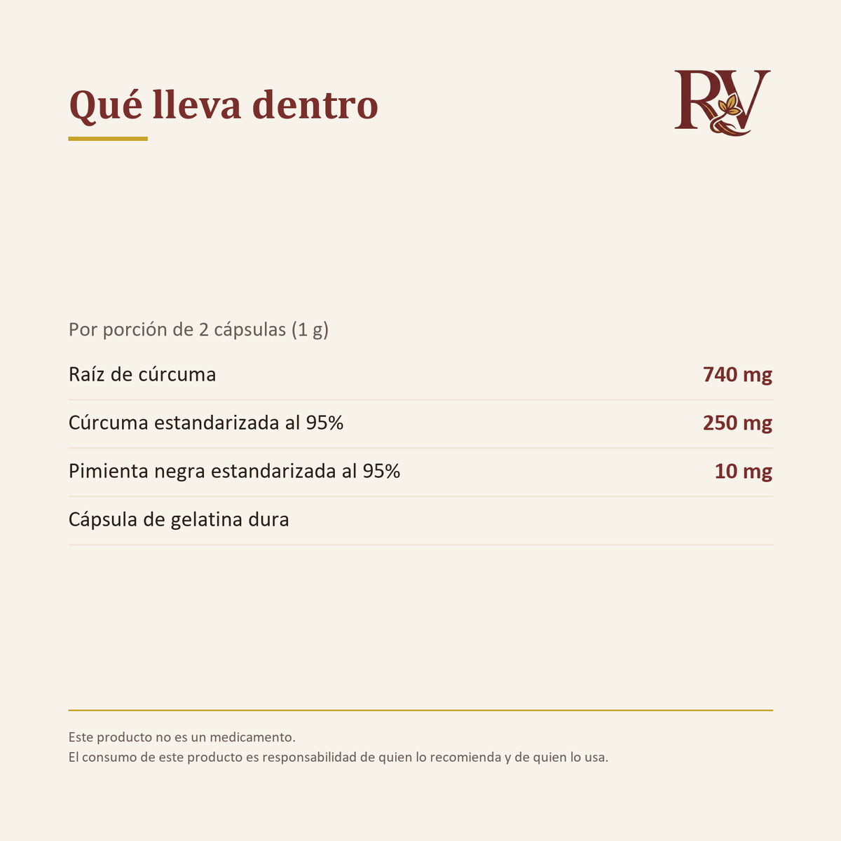 Composición por porción: 740 mg de raíz de cúrcuma, 250 mg de cúrcuma estandarizada, 10 mg de pimienta negra