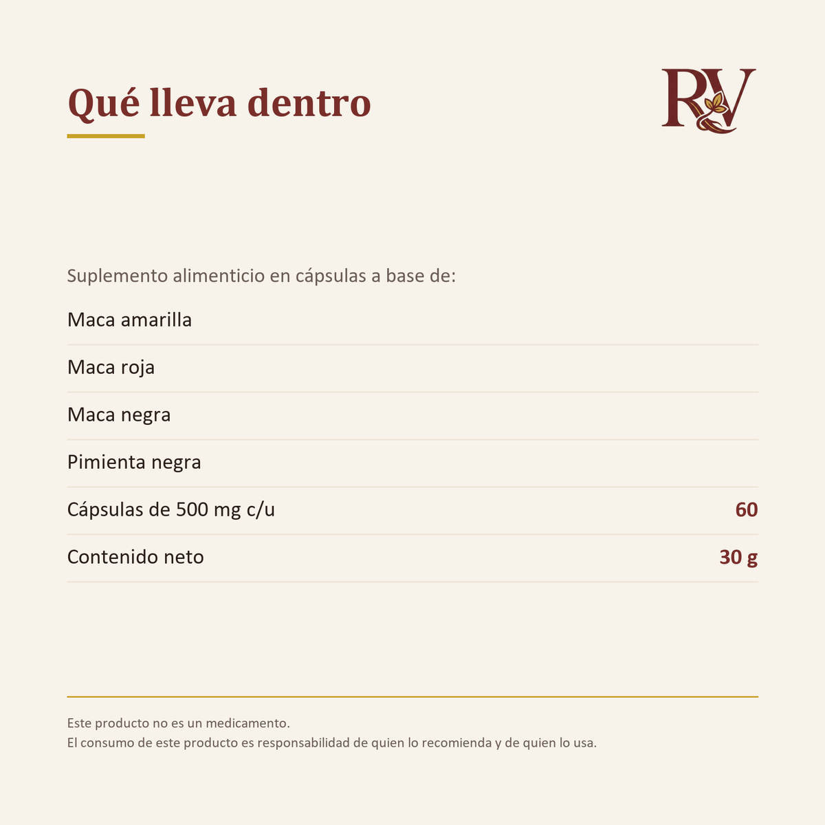 Composición: maca amarilla, maca roja, maca negra y pimienta negra, 60 cápsulas de 500 mg