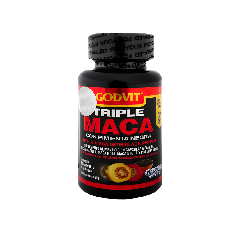 Frasco de Triple Maca con Pimienta Negra de Raíz Vita, 60 cápsulas de 500 mg