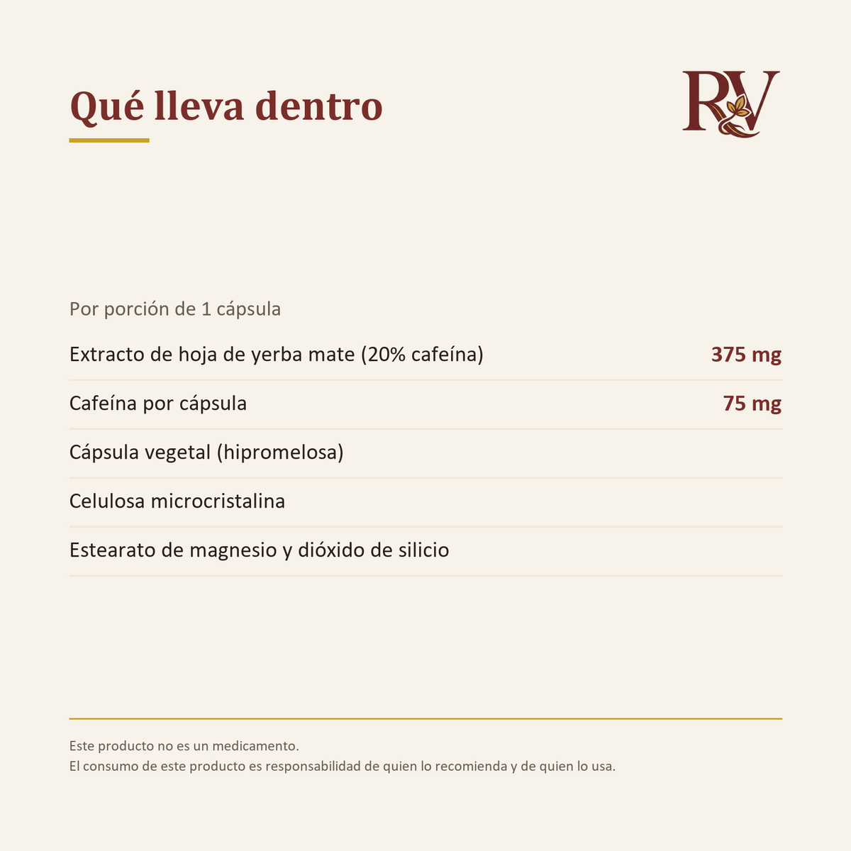 Composición por cápsula: 375 mg de extracto de hoja de yerba mate con 20% de cafeína